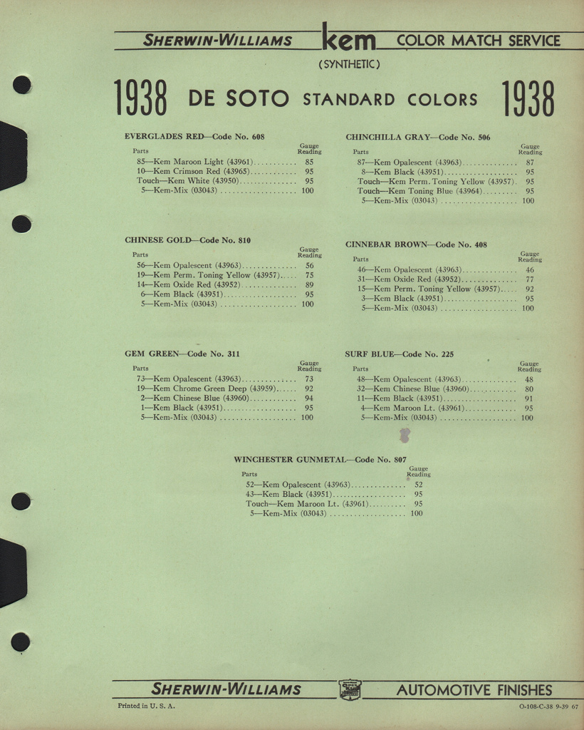 1938 DeSoto Paint Charts Williams 4